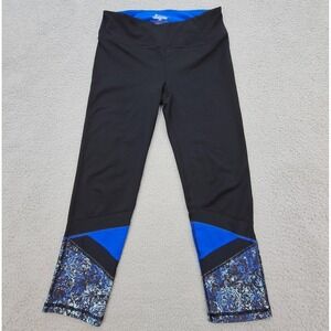 Gaiam Leggings Womens Small Black Blue Cropped Colorblock Printed Yoga Pants Gym